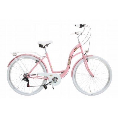 Dámsky retro bicykel 26" Lavida Mahbike 7-prevodový oceľový rám 18" Ružová, biele kolesá